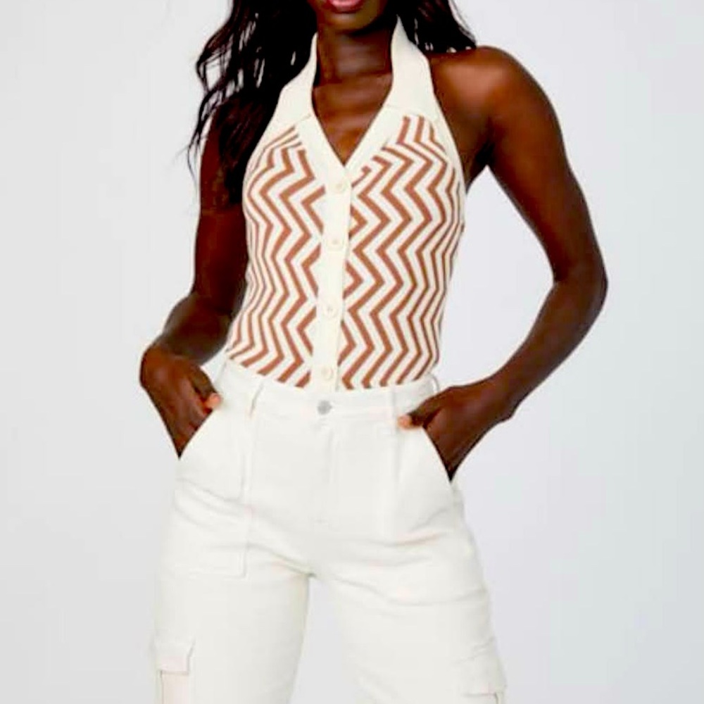 Small GUESS Factory Lanai Button Down Collared Halter Sweater Top Brown Cream